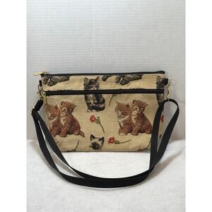 NWT VTG Danny K Crossbody Bag Small Beige Black Kitten Tapestry Made in USA